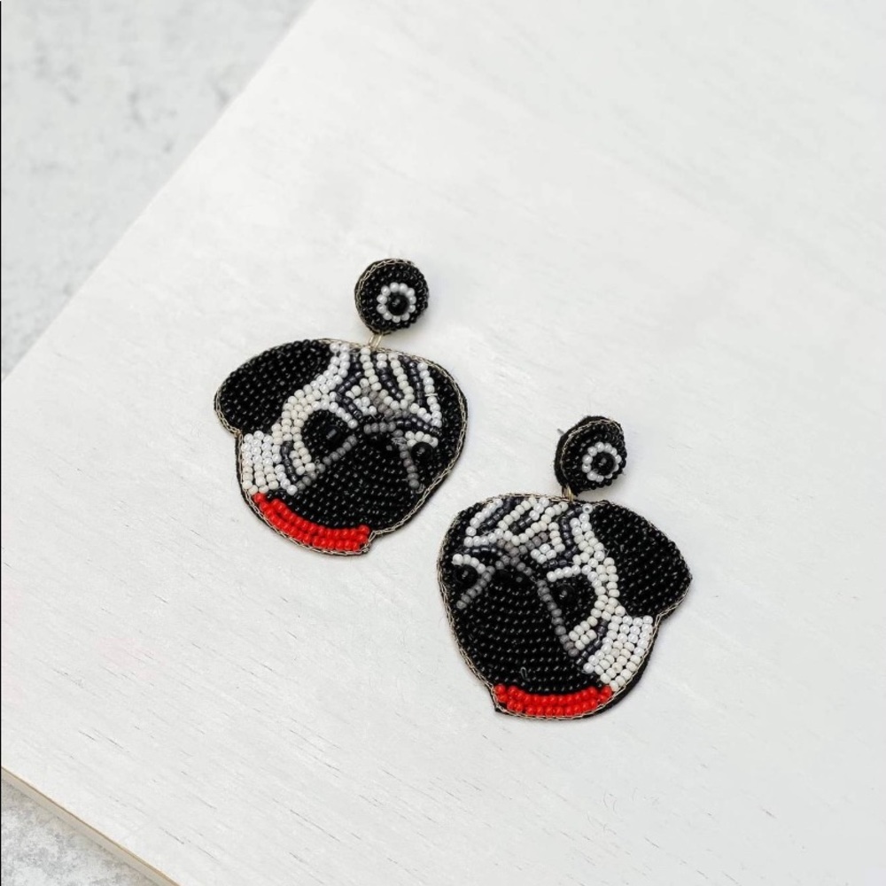 Grey Pug Seed Beaded Dangle Earrings
